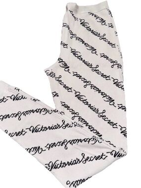 Victoria's Secret M Long White Lounge PJ Pants Buttons All Over Print SpellOut